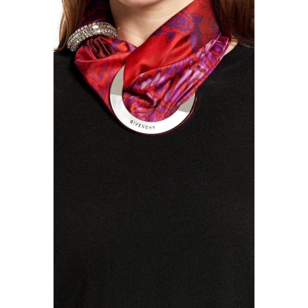 GIVENCHY Logo Eyelet Silk Twill Scarf In Red 26x27 with ring